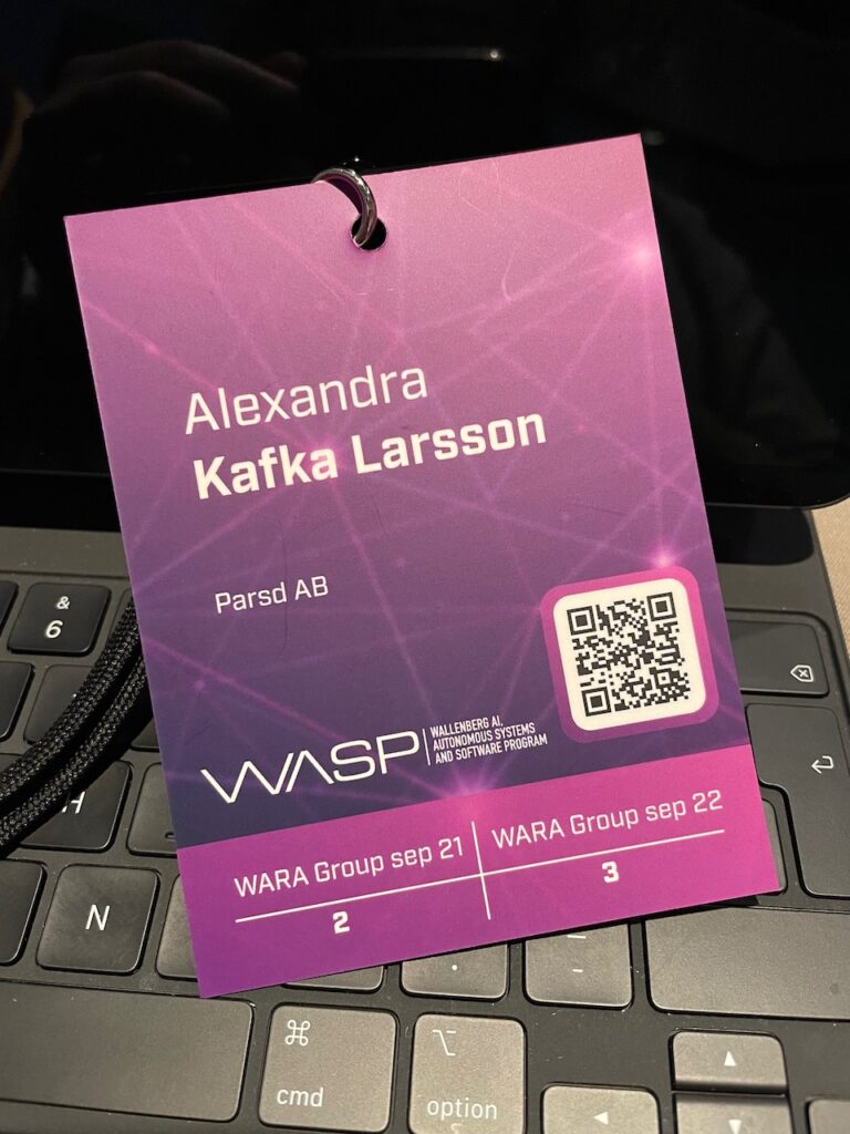 A conference badge with the text Alexandra Kafka Larsson, Parsd AB and the WASP logo.