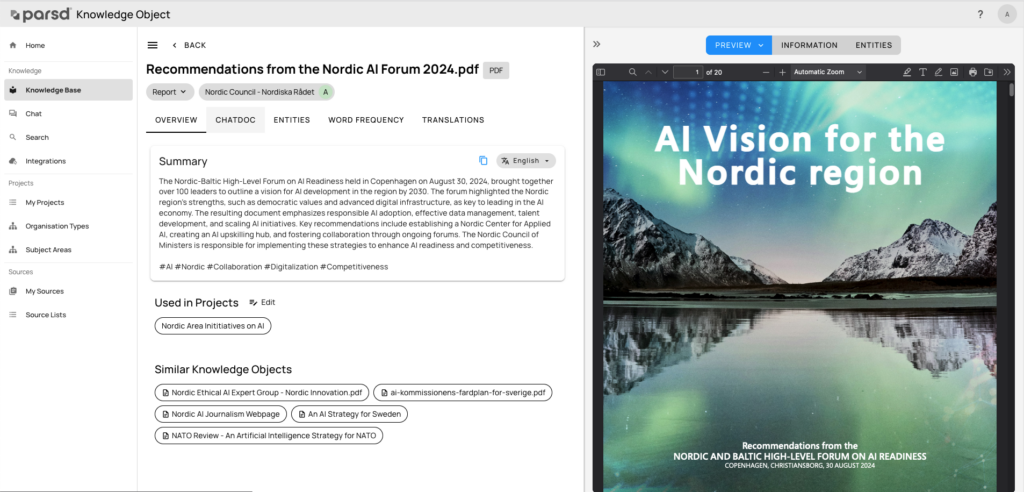 Screenshot from the Parsd Web App showing a enriched Knowledge Object of a report from the Nordic Council on AI, auto-generated summary, recommended similar objects and more.